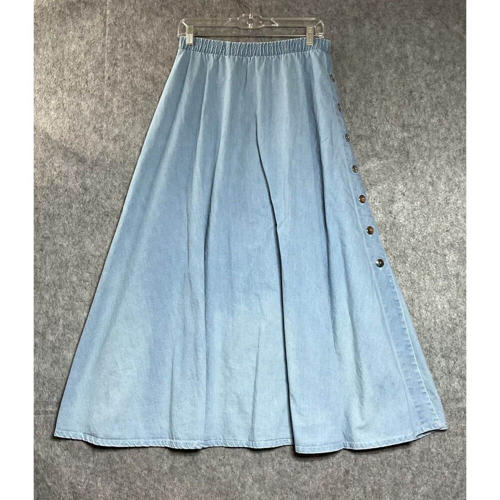 Vintage Denim Skirt Womens 10 Blue Chambray Maxi Elastic Waist Side Button USA